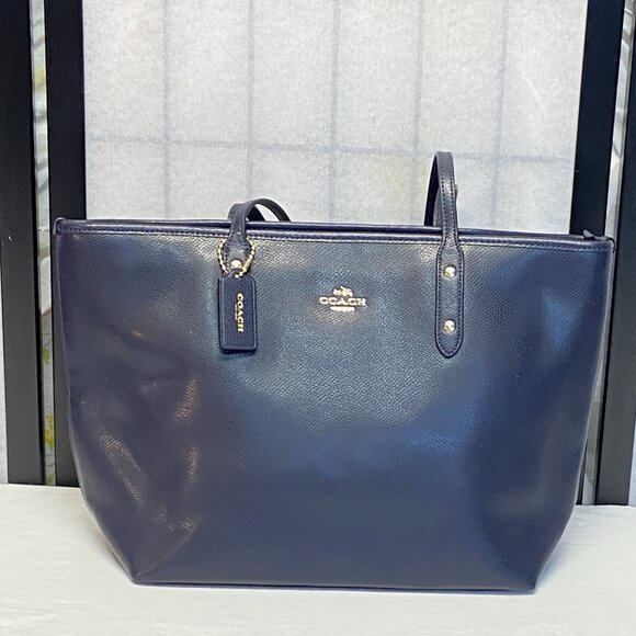 Coach City Zip Top Double Handle Tote Cross Grain Leather Handbag Navy F36875 - Picture 3 of 14